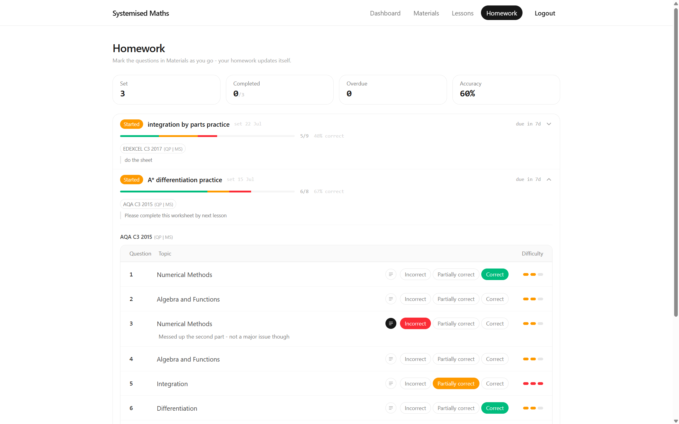 Student homework view listing set questions and their status